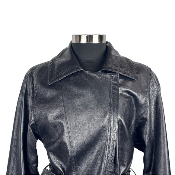 VINTAGE PROMODA GENUINE LEATHER BLACK CLASSIC ASYMMETRIC ZIP FRONT BELTED JACKET - Picture 9 of 16